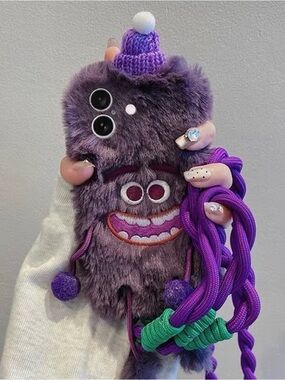 Plush Purple Fuzzy Monster Phone Case with Strap